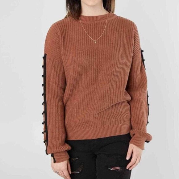 Gilded Intent Drop Shoulder Knit Sweater Rust Brown Sleeve Detail Size Small - Picture 2 of 7